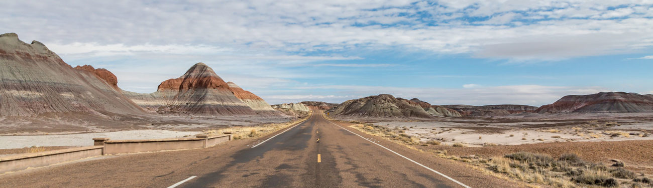 Road going through the striated rock formations of Petrified Forest National Park