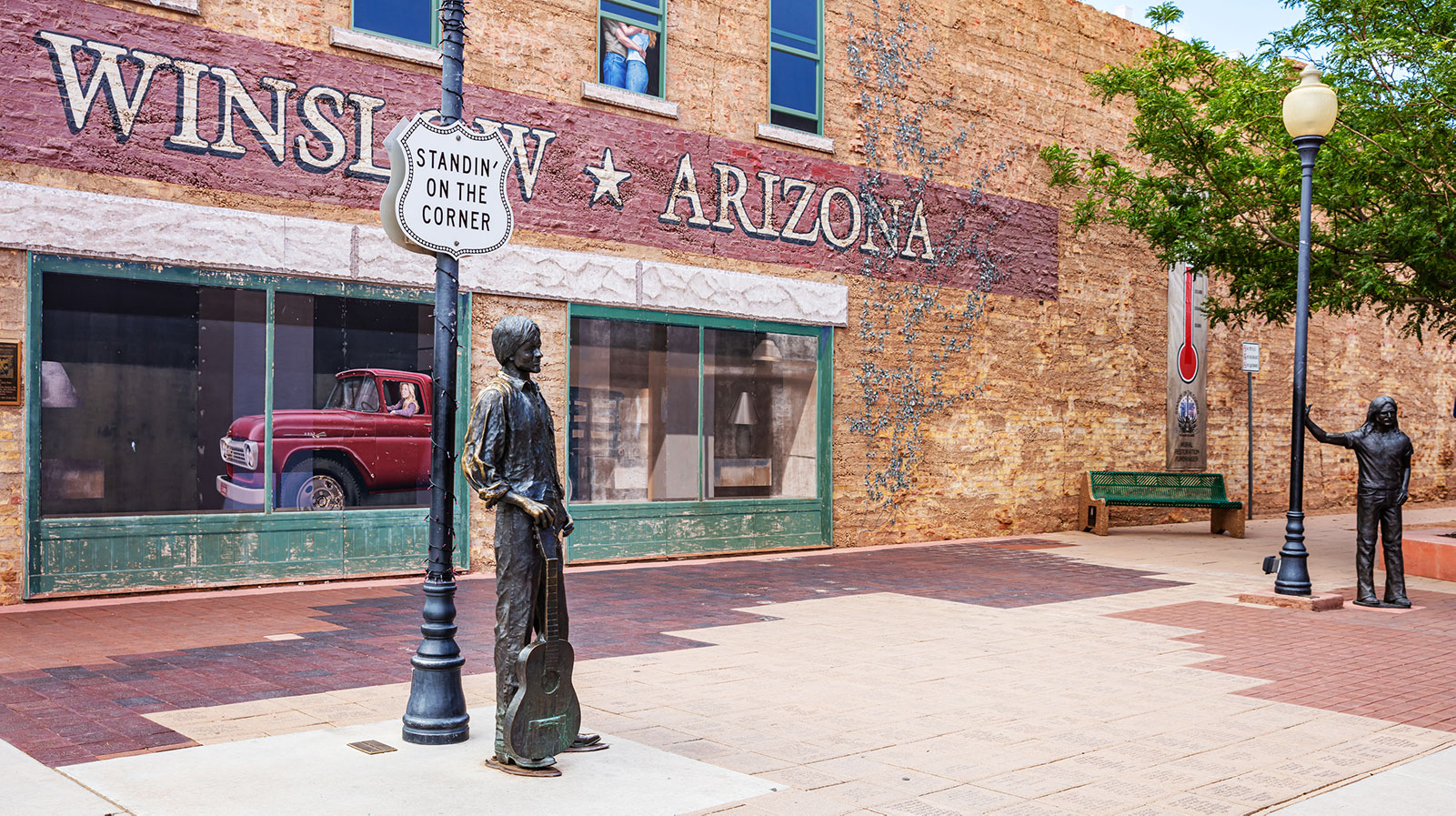 Statue and mural at the corner of Winslow as made famous in the Route 66 song