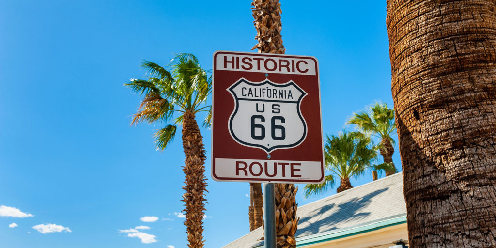 Looking up at a Historic Route 66 Sign in Needles California with palm trees in the background