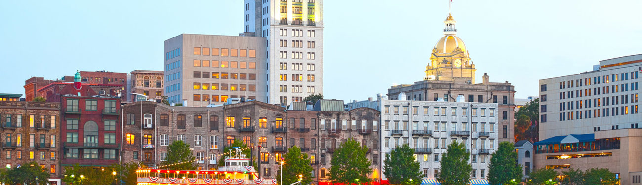 View across the water at the Savannah Georgia cityscape