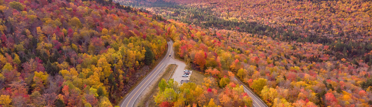 View across the Kancamagus Highway winding through trees in the reds and golds of Fall