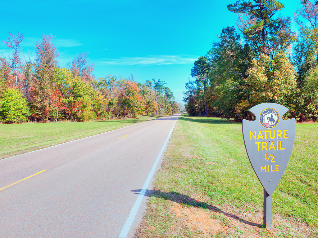 nature trail marker on the natchez trace parkway in fall