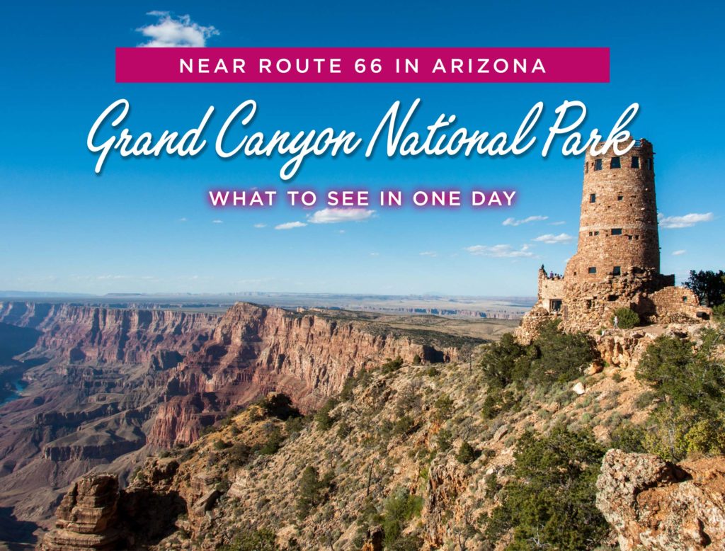 photo of desert view tower in thwith text overlaid reading one day in grand canyon national park