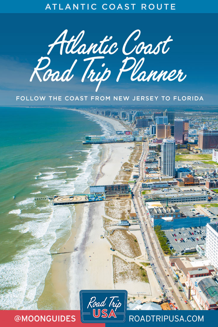atlantic coast road trip planner pinterest graphic with a photo of atlantic city