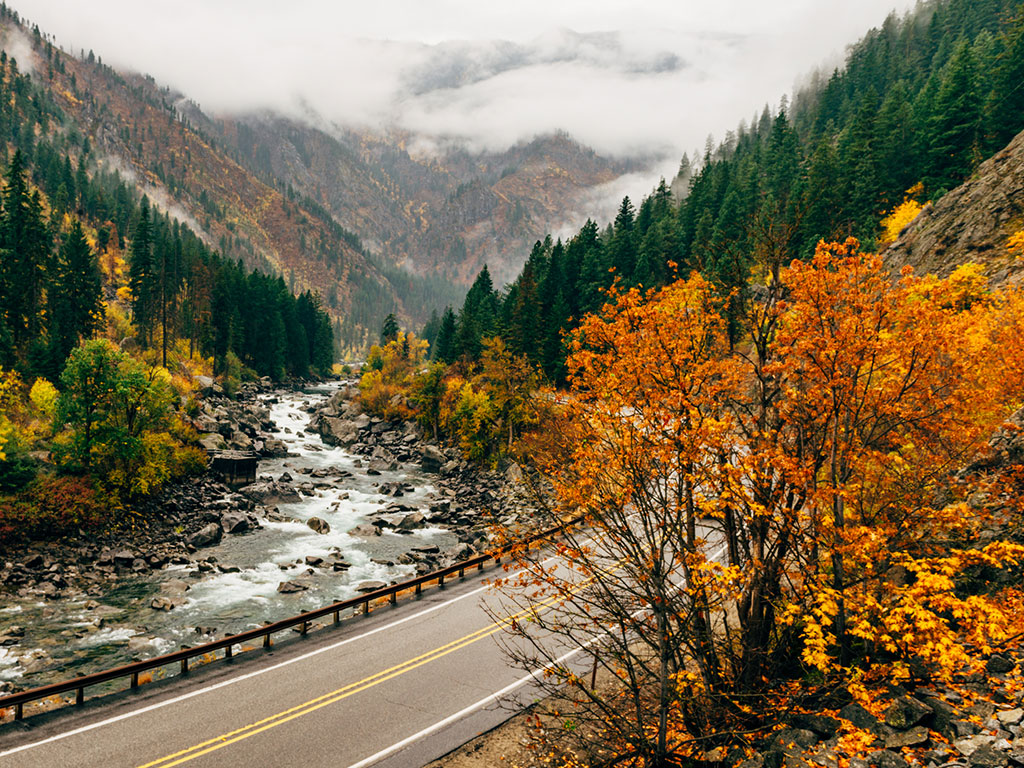 brightly colored trees surrounding tumwater canyon in fall