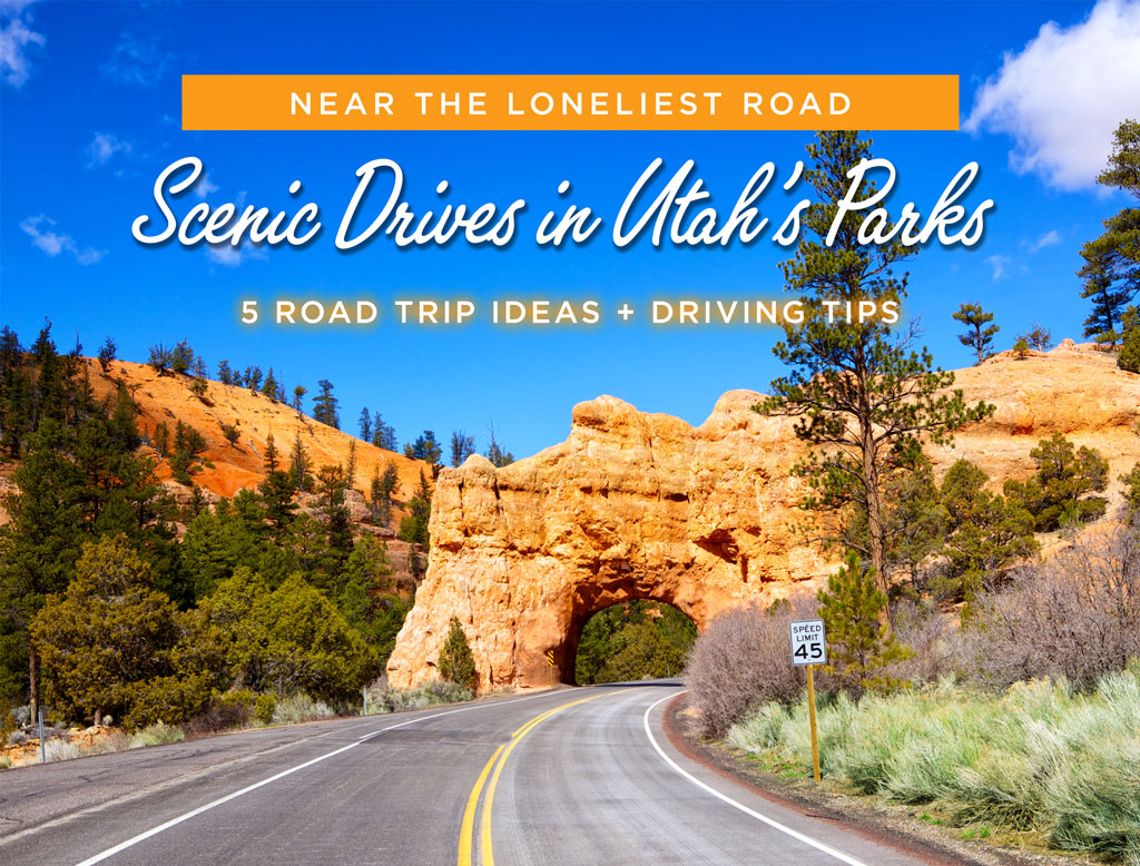 two-lane road through an arch in bryce canyon national park with text reading scenic drives in utah's parks