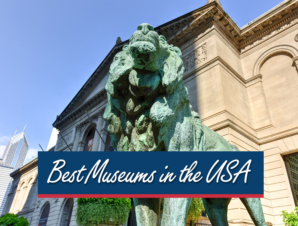 lion statue in front of the art institute of chicago with text reading best museums in the usa